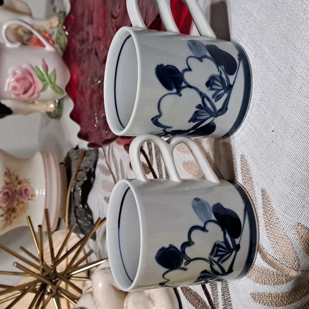 Botanical Double Handled Vintage Cups . Hand Painted 8oz set of 2